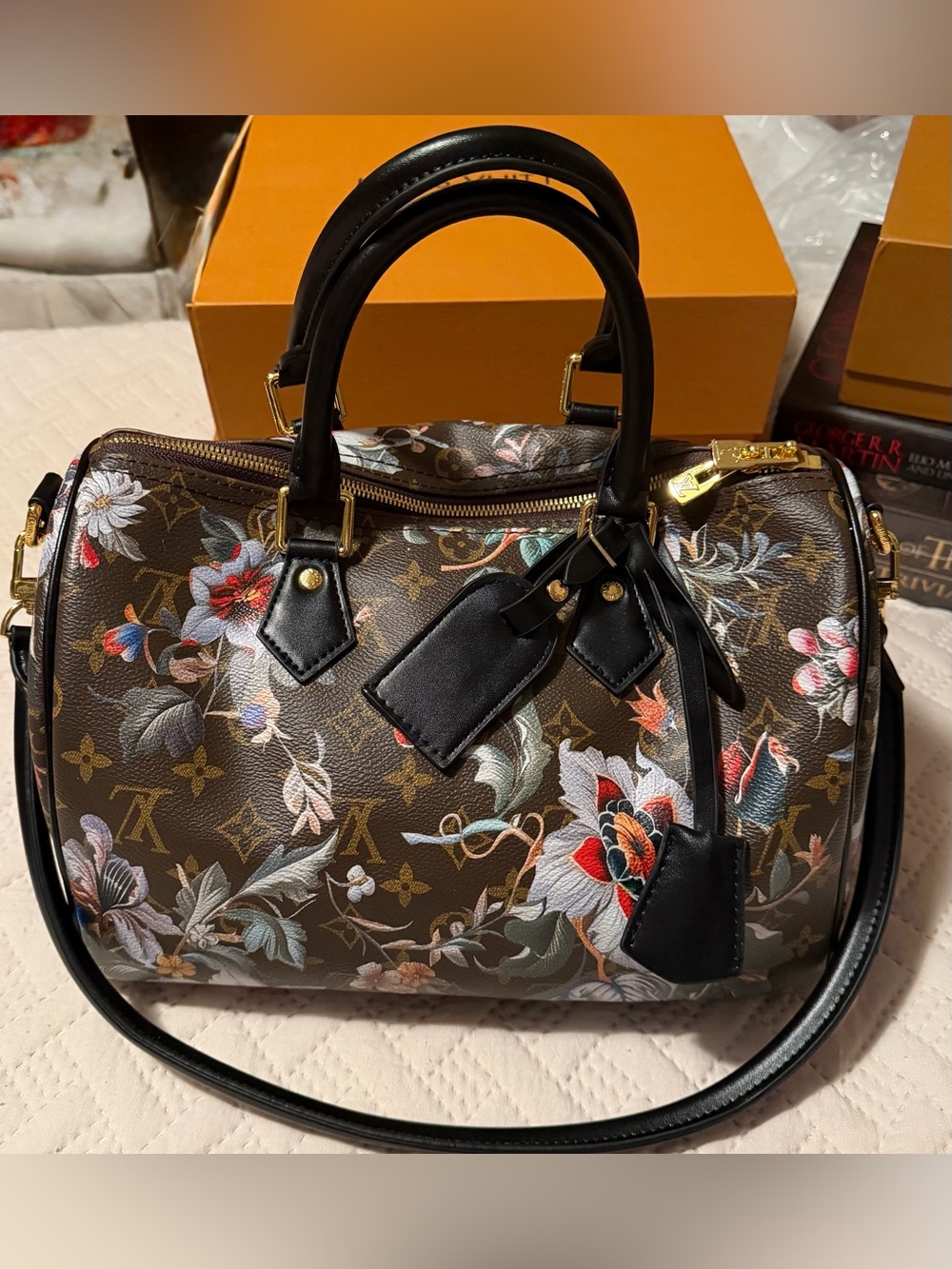 Floral Monogram Brown satchel Bag with Black Trim
